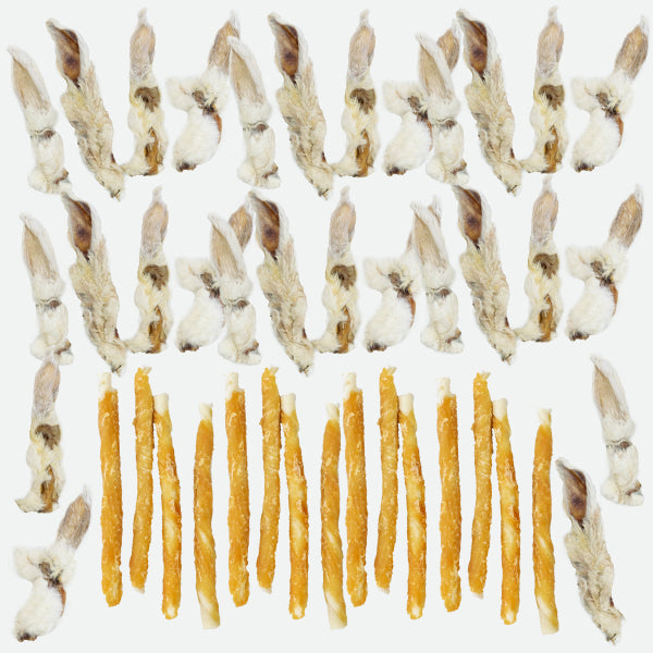 Pack: 30 orejas de conejo con pelo + 15 rollitos con pollo