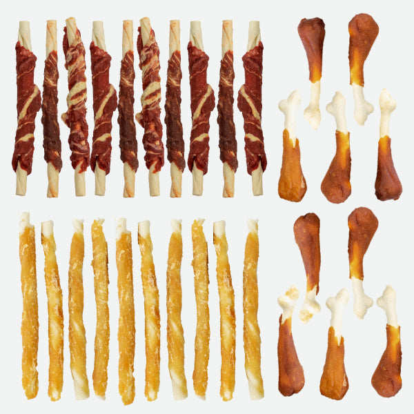 Pack: 10 rollitos con ternera + 10 rollitos con pollo + 10 muslitos de pollo