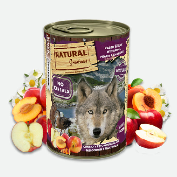 Natural Greatness Conejo, Pato y manzana - Lata 400 gr - Snackbar Vidanimal